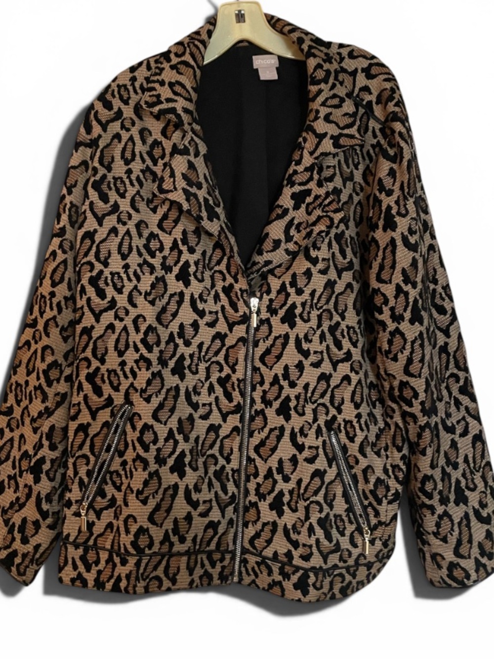 Chico's Beige and Black Leopard-Print Zip Up Jacket W/Side Pockets Pls SZ 20/22